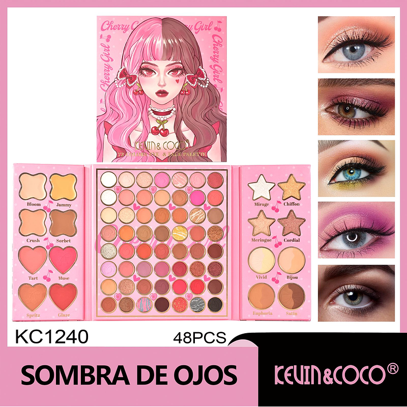   Paleta de rostro Sweet & Cool Cherry de 72 colores: Sombra de ojos + Rubor + Iluminador + Corrector