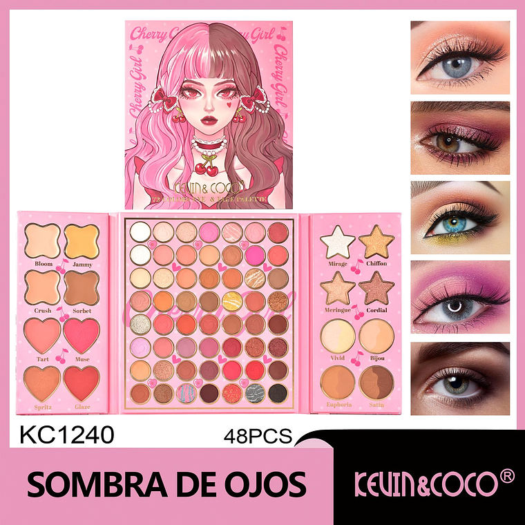   Paleta de rostro Sweet & Cool Cherry de 72 colores: Sombra de ojos + Rubor + Iluminador + Corrector 1