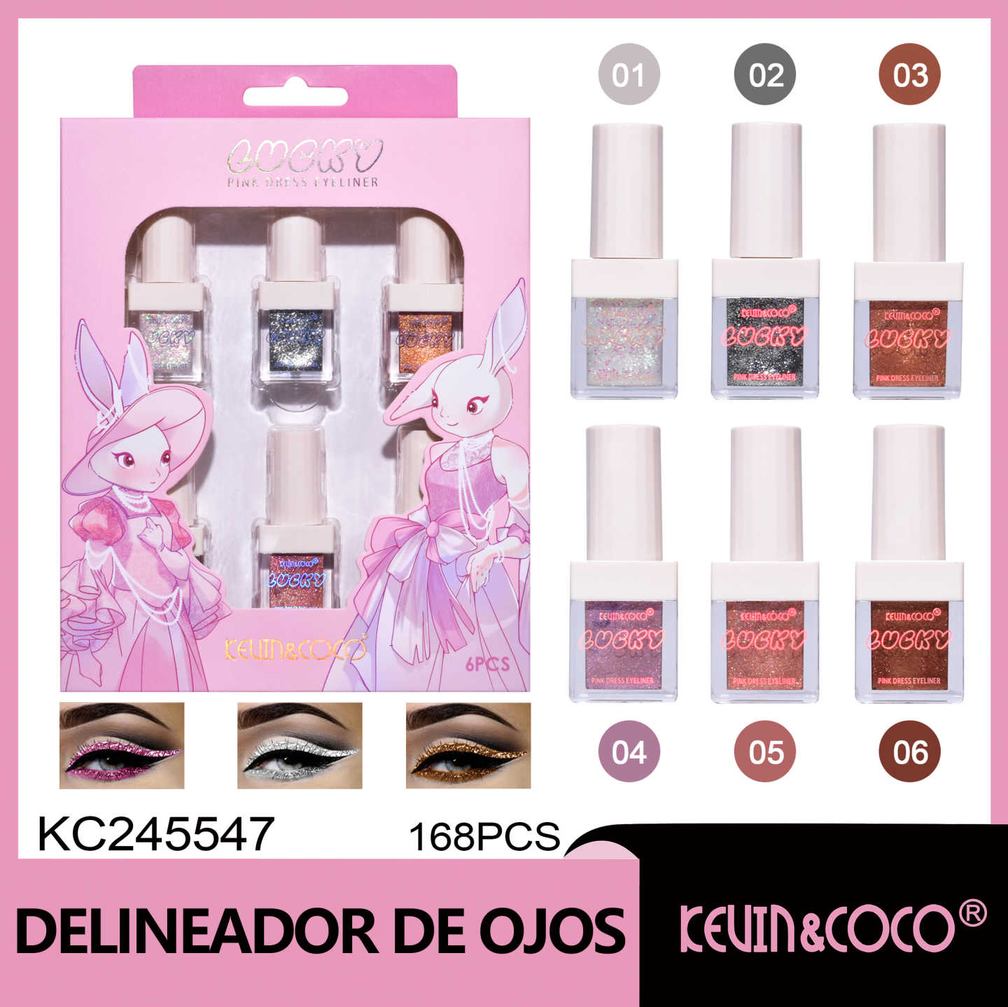 SET DE 6 DELINEADORES DE OJO CON GLITTER  PINK DRESS