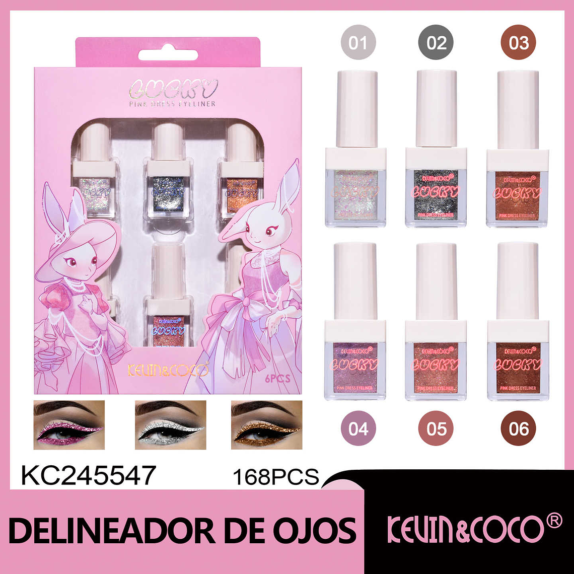 SET DE 6 DELINEADORES DE OJO CON GLITTER  PINK DRESS 1