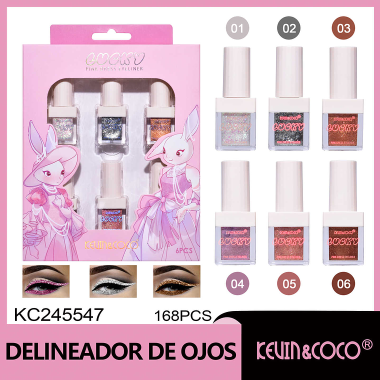SET DE 6 DELINEADORES DE OJO CON GLITTER  PINK DRESS 1