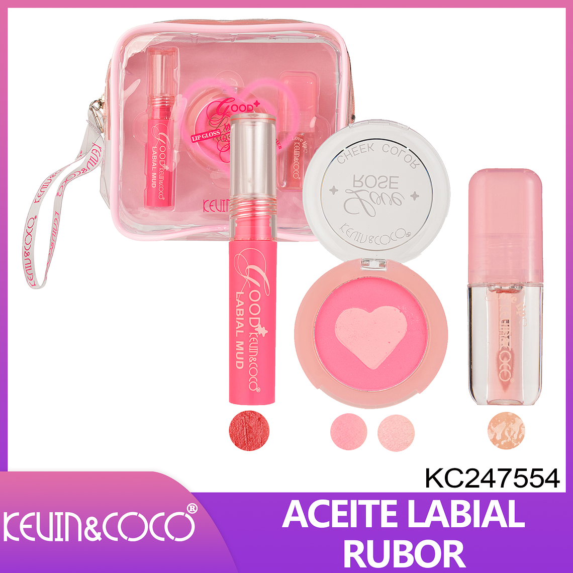 Set de Maquillaje Kevin & Coco Rose Love – Incluye Aceite Labial, Rubor Duo y Labial Mud con Neceser Transparente 1