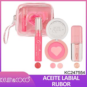 Set de Maquillaje Kevin & Coco Rose Love – Incluye Aceite Labial, Rubor Duo y Labial Mud con Neceser Transparente