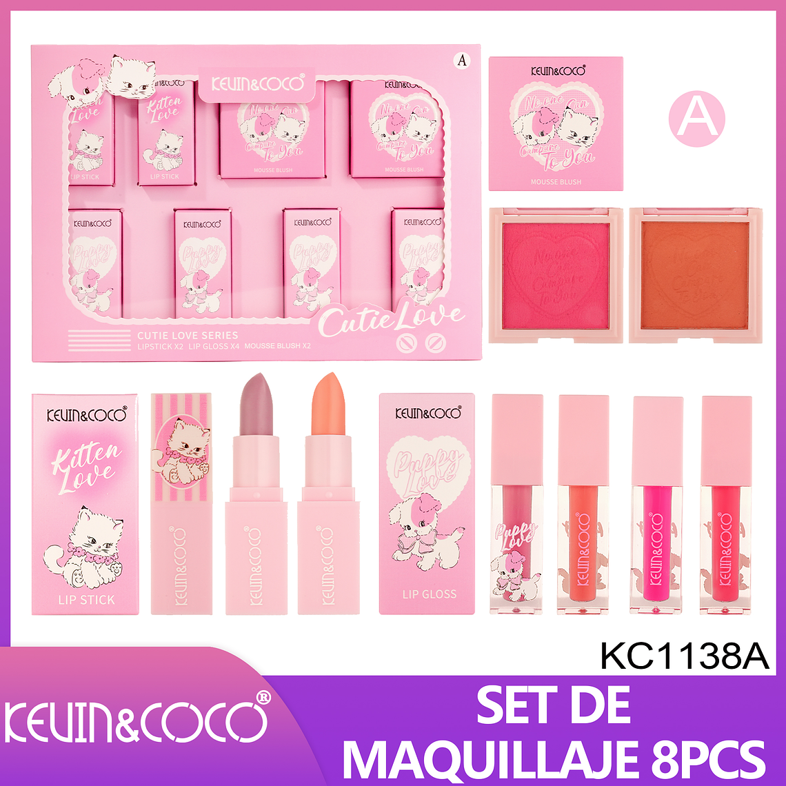 Set de brillo de labios de 8 piezas (brillo de labios + rubor + lápiz labial)  1