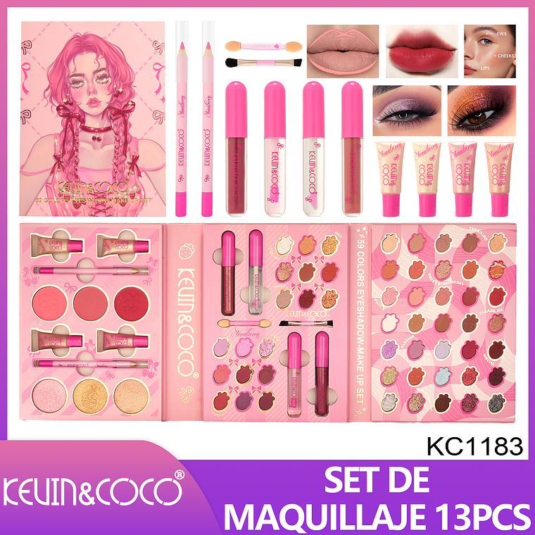 Set de 13 piezas de sombras de ojos y labios (sombra de ojos + rubor + iluminador + brillo de labios + aceite de labios + delineador de labios)  1