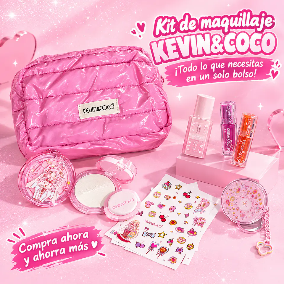 Kit de Maquillaje Completo Kevin & COCO - Set de 7 Piezas Cute Pink con Neceser, Sombras Corazón, Aceite Labial y Polvo Compacto 1