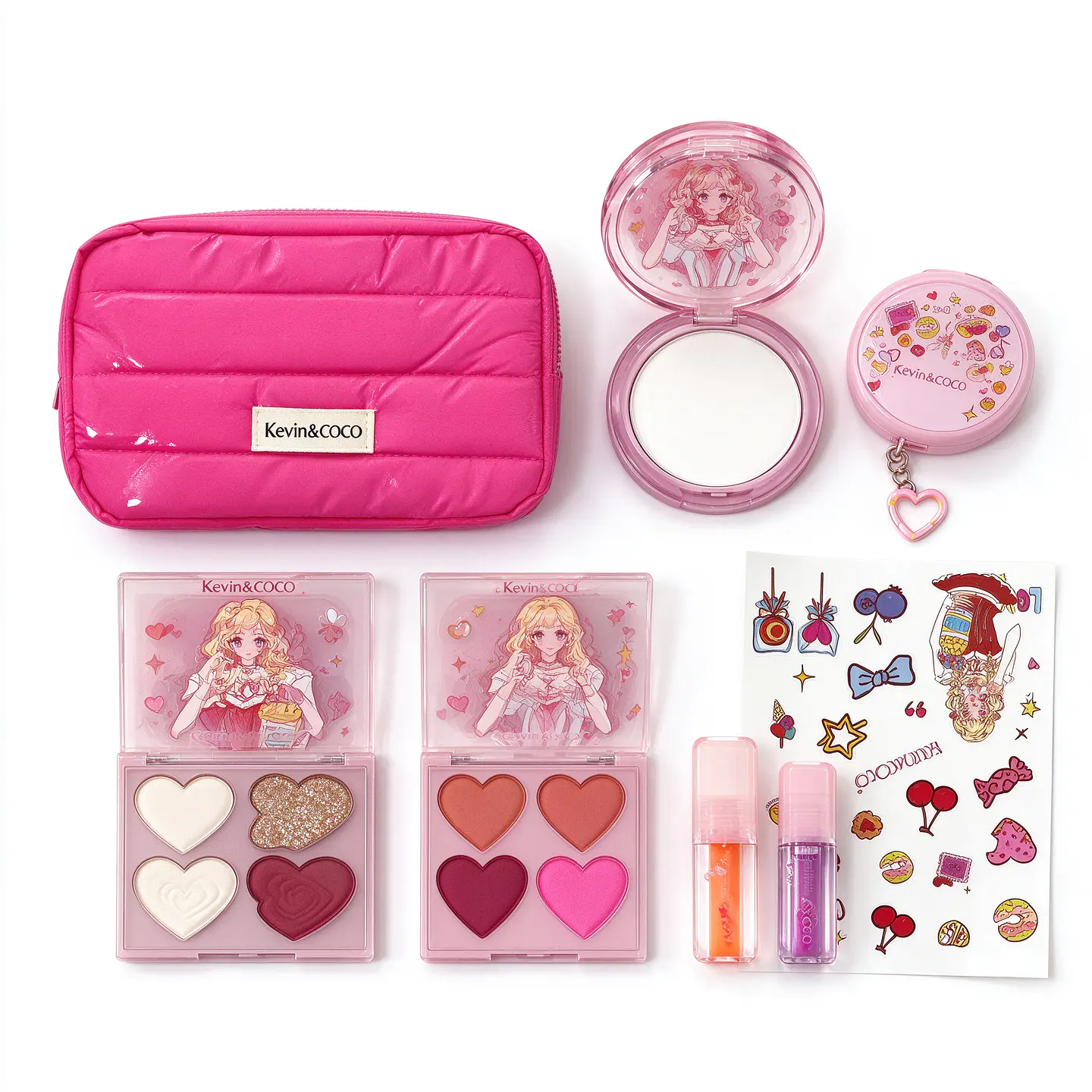 Kit de Maquillaje Completo Kevin & COCO - Set de 7 Piezas Cute Pink con Neceser, Sombras Corazón, Aceite Labial y Polvo Compacto 2