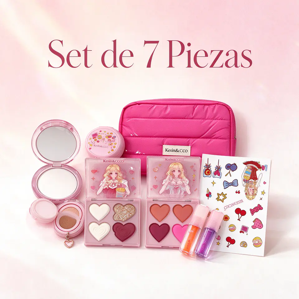 Kit de Maquillaje Completo Kevin & COCO - Set de 7 Piezas Cute Pink con Neceser, Sombras Corazón, Aceite Labial y Polvo Compacto 3