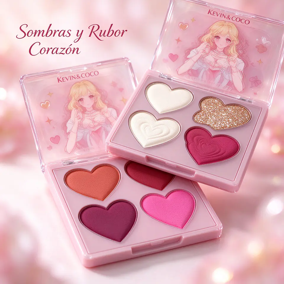 Kit de Maquillaje Completo Kevin & COCO - Set de 7 Piezas Cute Pink con Neceser, Sombras Corazón, Aceite Labial y Polvo Compacto 6