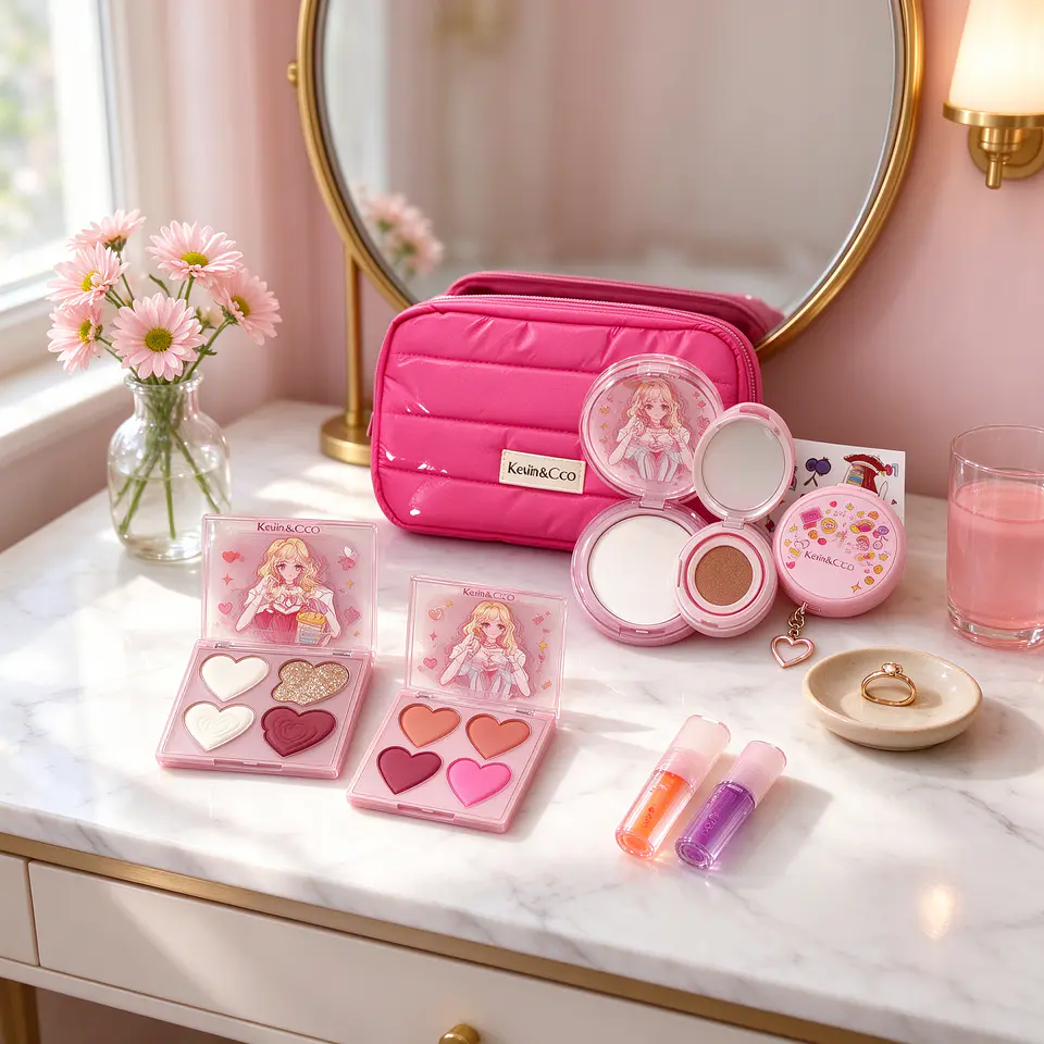 Kit de Maquillaje Completo Kevin & COCO - Set de 7 Piezas Cute Pink con Neceser, Sombras Corazón, Aceite Labial y Polvo Compacto 8