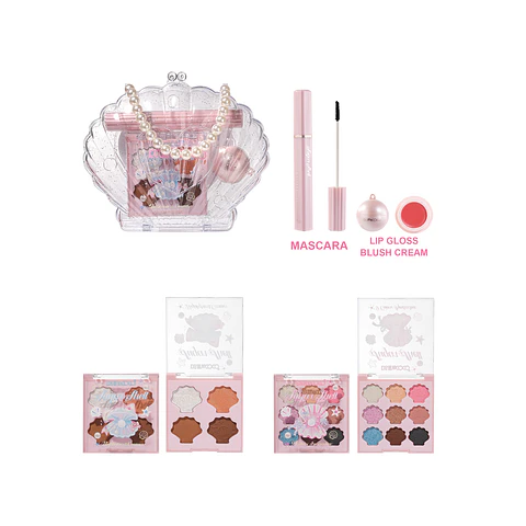 KEVIN & COCO Set de Maquillaje en Forma de Concha "Sugar Shell" - Estuche con Perlas, Sombra de Ojos, Iluminador, Contorno, Lápiz Labial y Máscara