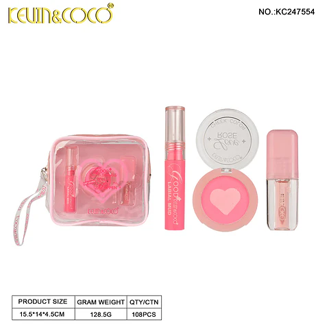 KEVIN & COCO Set de Maquillaje "Love Rose" - Estuche Transparente con Lápiz Labial, Rubor "Love Rose" y Brillo Labial