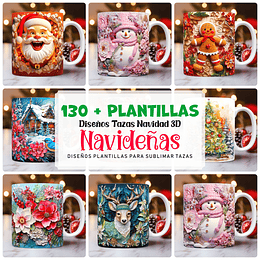 130 Diseños Plantillas Tazas Navidad 3D Navideñas + Png 
