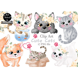 Imágenes﻿ Acuarela Cute Gatos Clipart Png, Images Watercolor Cut Cats Png Clipart 300 dpi