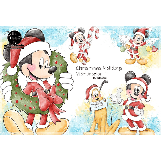 Imágenes﻿ Acuarela Mickey Disney Navidad Clipart Png, Images Watercolor Mickey Disney Christmas Png Clipart 300 dpi 