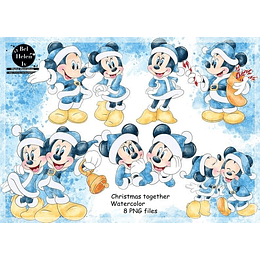 Imágenes﻿ Acuarela Mickey Y Minnie Navidad Clipart Png, Images Watercolor Holiday Christmas Mickey Y Minnie Together Png Clipart 300 dpi  