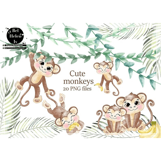 Imágenes Monos Cute Acuarela Png, Images Cute Monkeys Watercolor Png Clipart 300 dpi 