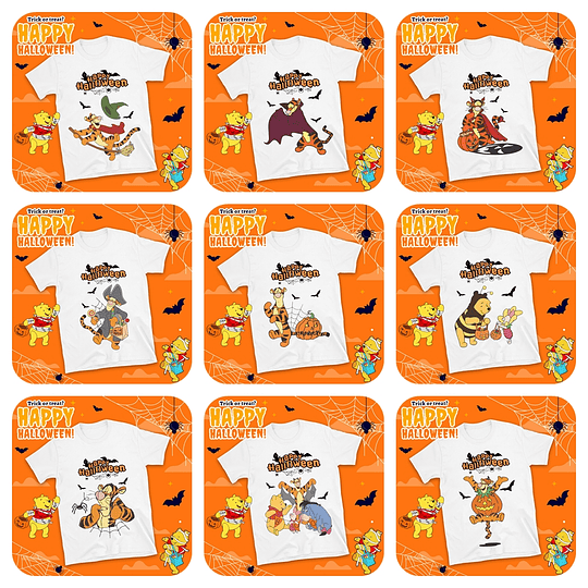 43 Diseños Plantillas Poleras Winnie Pooh Halloween Editable + Png