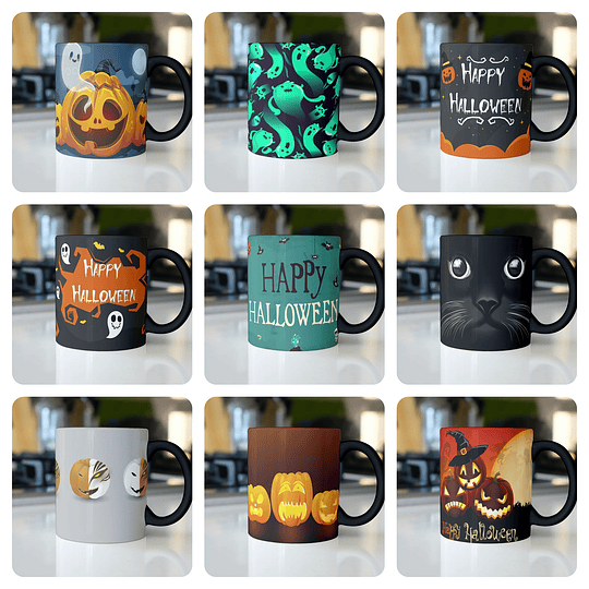 10 Diseños Plantillas Tazas Halloween Editable Corel Draw y Png
