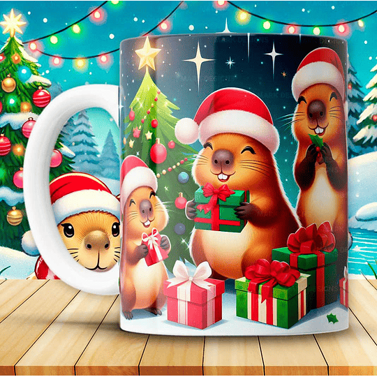 12 Diseños Plantillas Tazas Capibara Navidad Archivos JPG