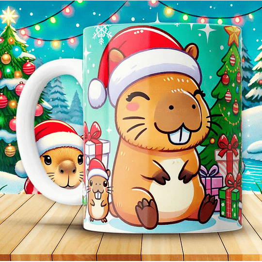 12 Diseños Plantillas Tazas Capibara Navidad Archivos JPG