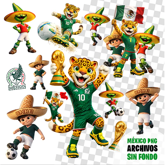 Pack Diseños Mascotas Mundial 2026 México PNG sin Fondo