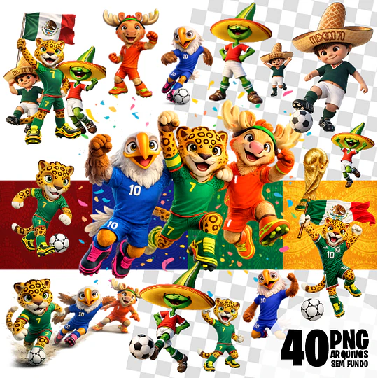 Pack Diseños Mascotas Mundial 2026 México PNG sin Fondo