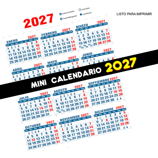 Calendario Imprimible 2027 PDF | Mini Calendario y Calendario Mignon