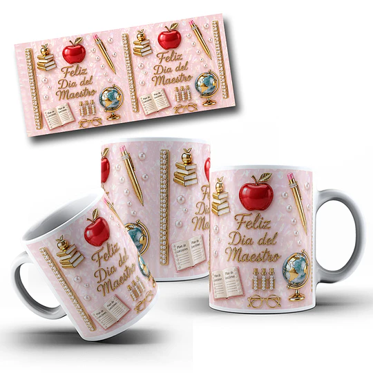 Diseños Tazas Plantilla 3d Feliz día, Dia del Maestro, Regalo escolar Profesora Sublimacion Png