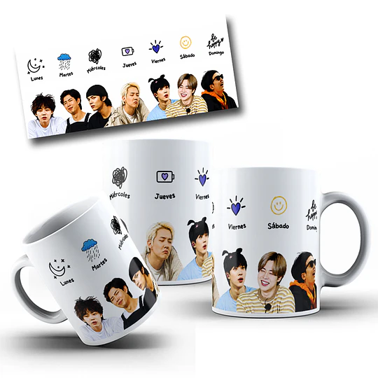 Diseños Tazas Plantillas BTS Mi humor según el día de la semana Sublimacion Png
