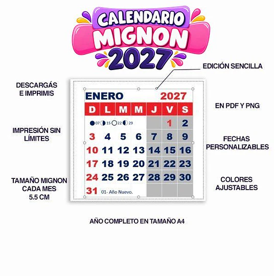 Calendario Mignon 2027 Editable para Imprimir