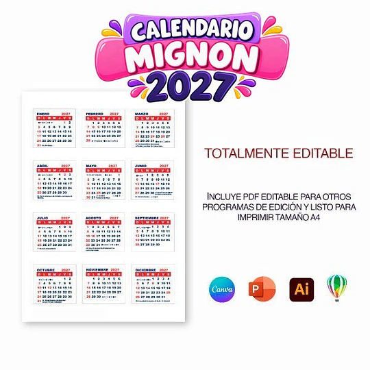 Calendario Mignon 2027 Editable para Imprimir