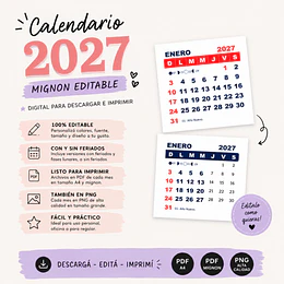 Calendario Mignon 2027 Editable para Imprimir