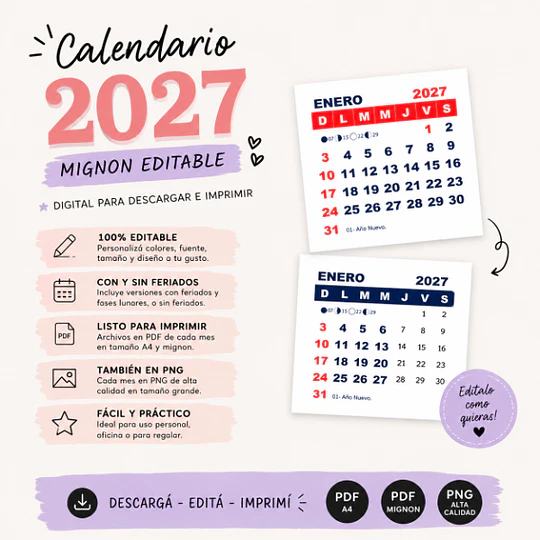 Calendario Mignon 2027 Editable para Imprimir