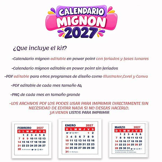 Calendario Mignon 2027 Editable para Imprimir