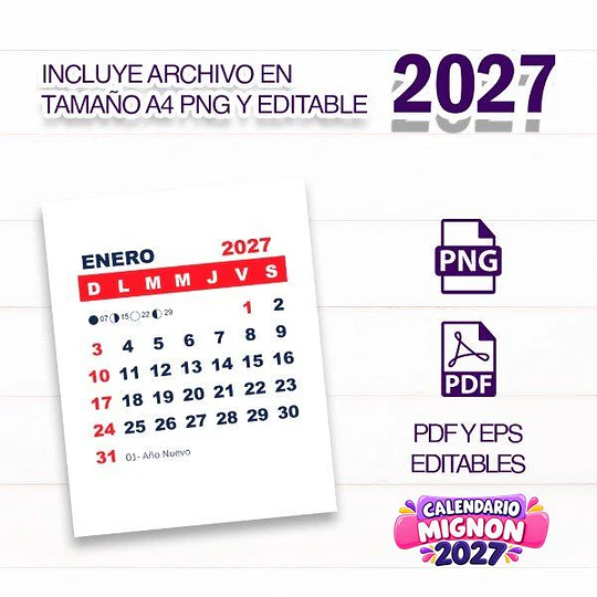 Calendario Mignon 2027 Editable para Imprimir