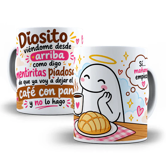 Diseños Plantilla Tazas Diosito viéndome desde arriba como digo mentiritas piadosas de que ya voy a dejar el café con pan Flork meme Deformito Sublimacion Png