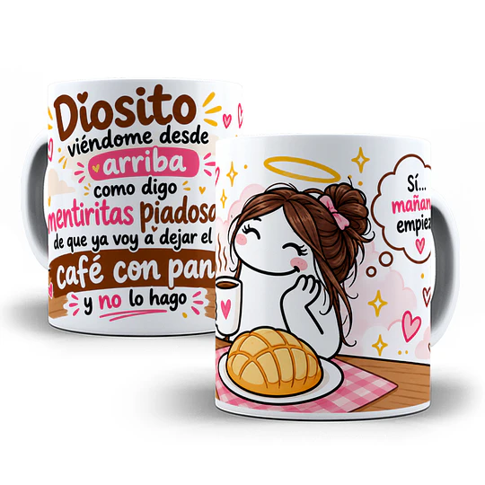 Diseños Plantilla Tazas Diosito viéndome desde arriba como digo mentiritas piadosas de que ya voy a dejar el café con pan Flork meme Deformito Sublimacion Png