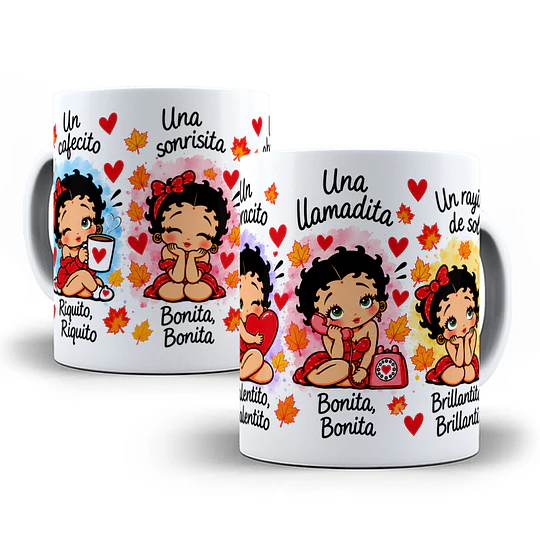 Diseños Plantilla Tazas un cafecito riquito una sonrisita bonita una llamadita Betty Boop - Chile Sublimacion Png