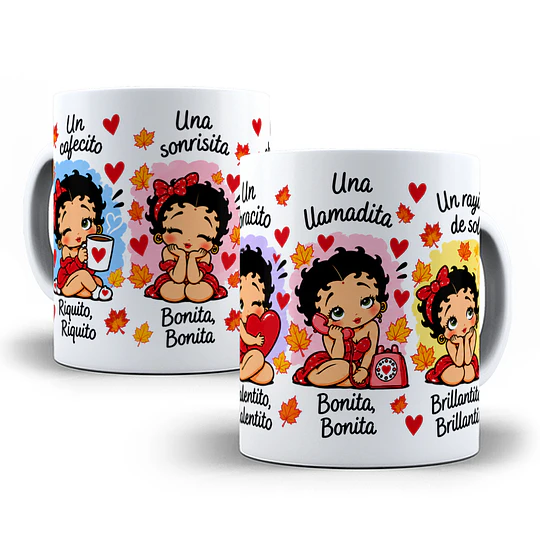 Diseños Plantilla Tazas un cafecito riquito una sonrisita bonita una llamadita Betty Boop - Chile Sublimacion Png