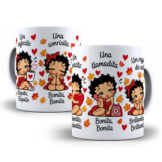 Diseños Plantilla Tazas un cafecito riquito una sonrisita bonita una llamadita Betty Boop - Chile Sublimacion Png