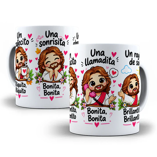 Diseños Plantilla Tazas un cafecito riquito una sonrisita bonita una llamadita Jesus Cristo - Chile Sublimacion Png 