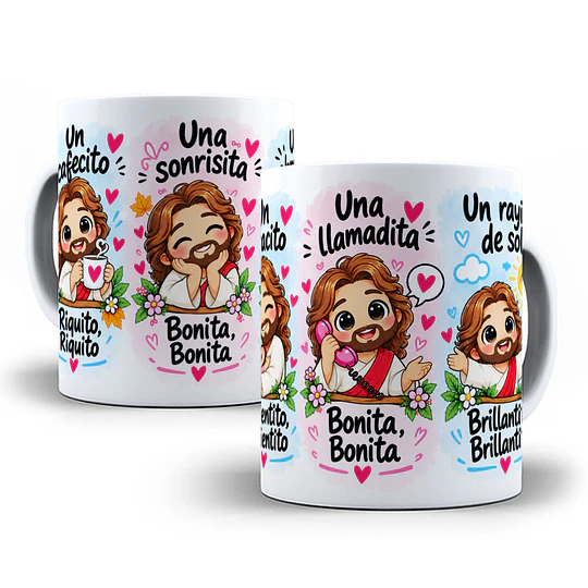 Diseños Plantilla Tazas un cafecito riquito una sonrisita bonita una llamadita Jesus Cristo - Chile Sublimacion Png 