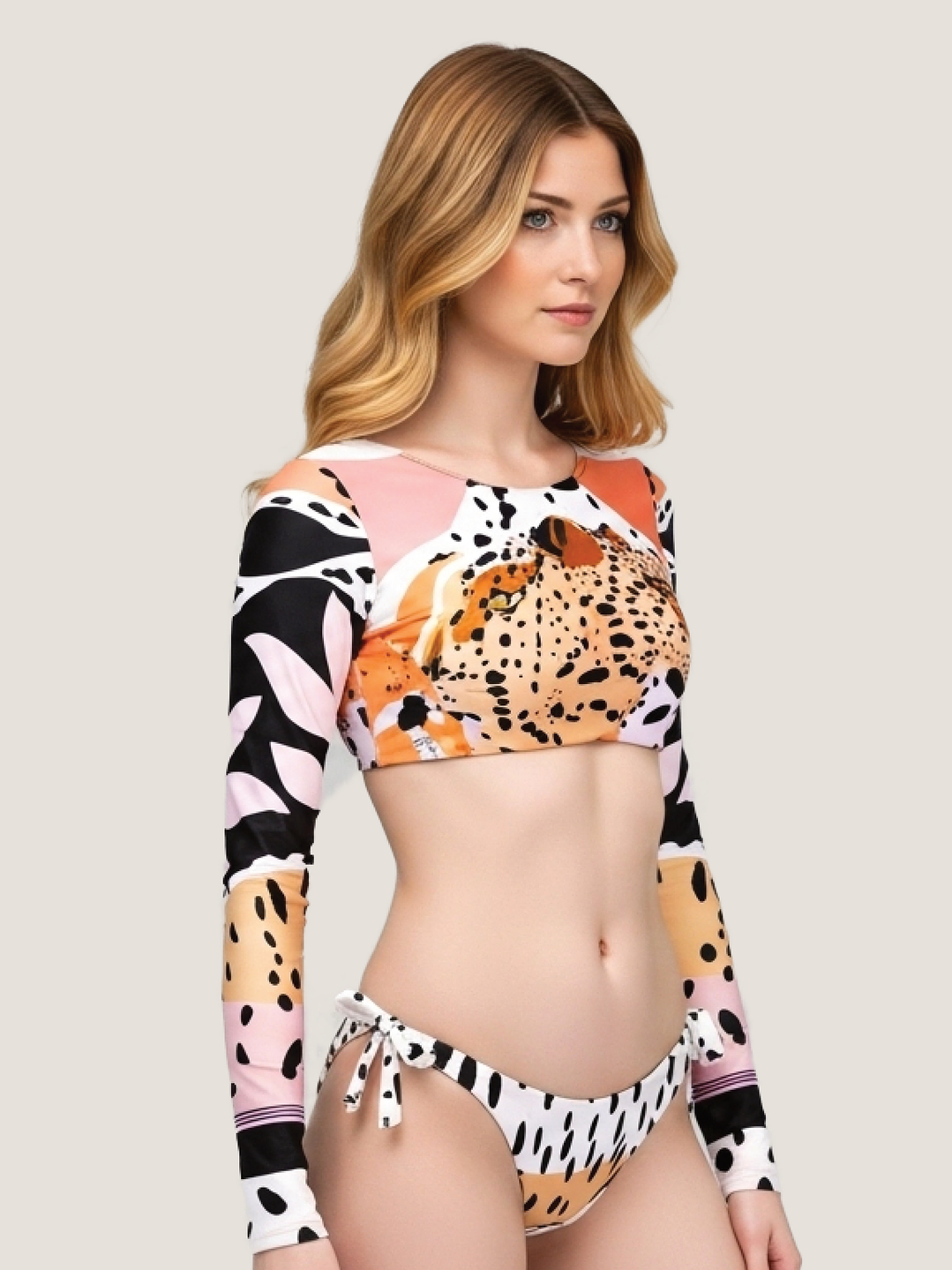 Bikini Crop Top de Manga Larga Traje de Baño COLOBO Leopardo 3