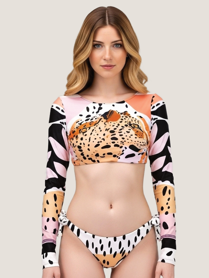 Bikini Crop Top de Manga Larga Traje de Baño COLOBO Leopardo 1