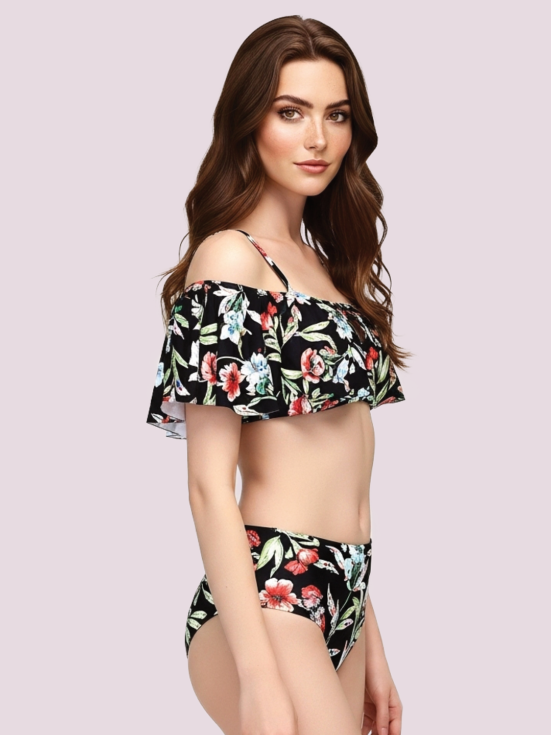 Bikini de hombros descubiertos floral Traje de baño Hawai Negro 3