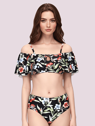 Bikini de hombros descubiertos floral Traje de baño Hawai Negro