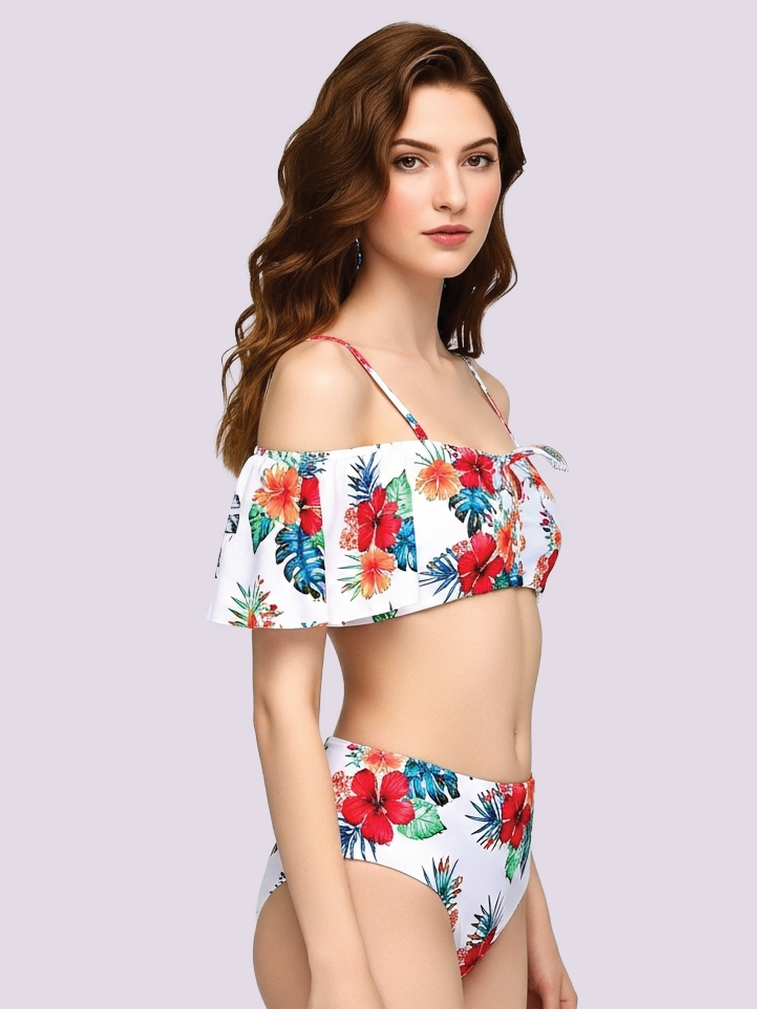 Bikini de hombros descubiertos floral Traje de baño Hawai blanco naranja 2