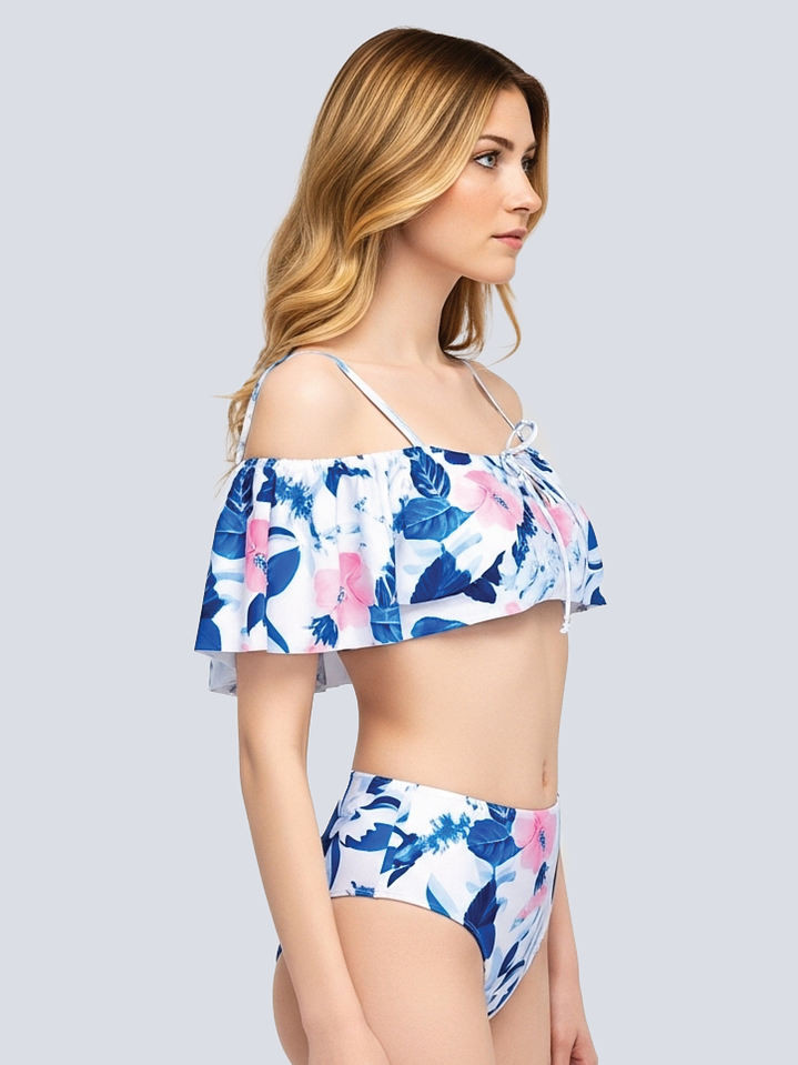Bikini floral cintura alta hombros descubiertos Traje de baño Hawai Blanco Azul 2