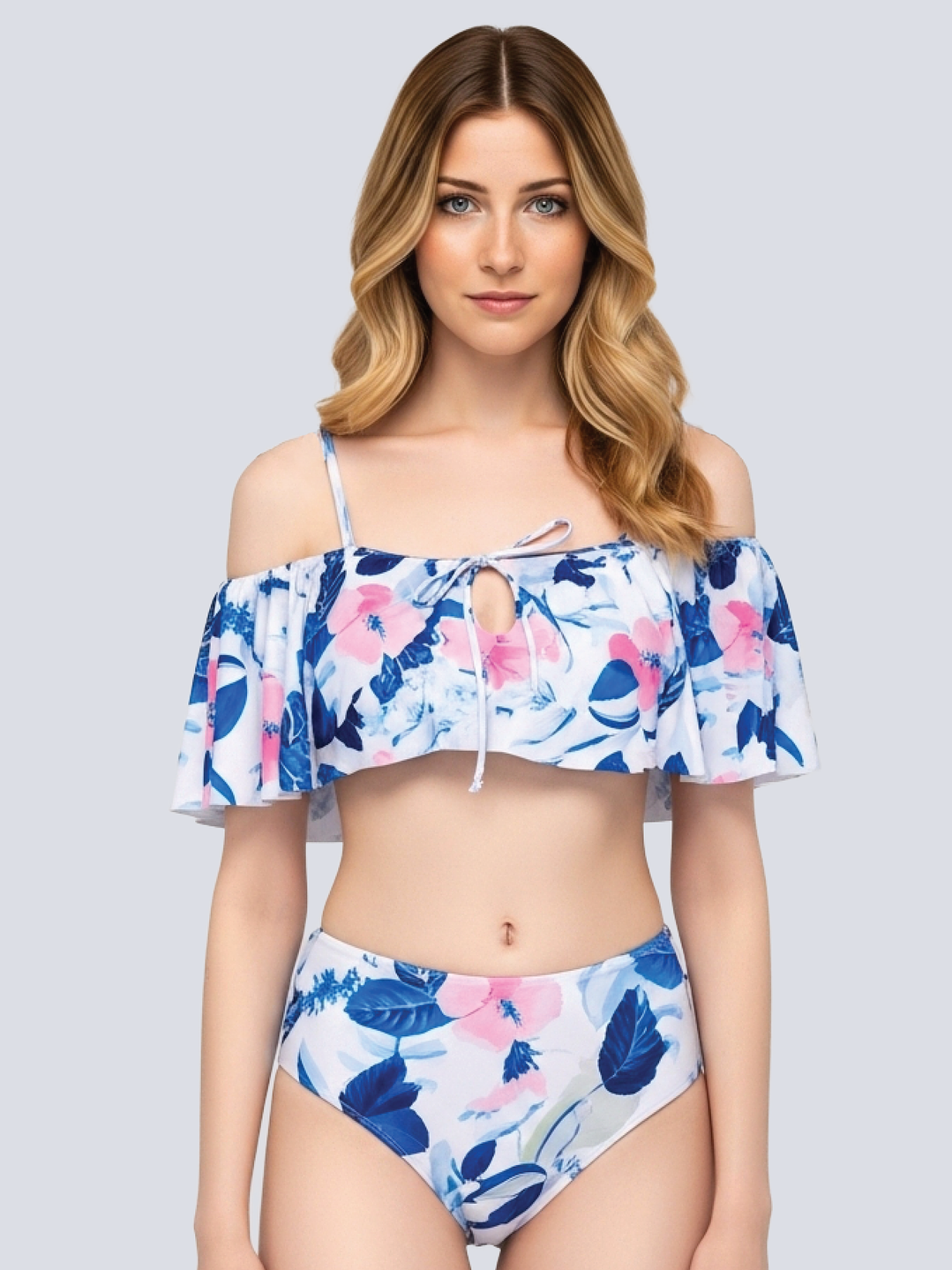 Bikini floral cintura alta hombros descubiertos Traje de baño Hawai Blanco Azul 1
